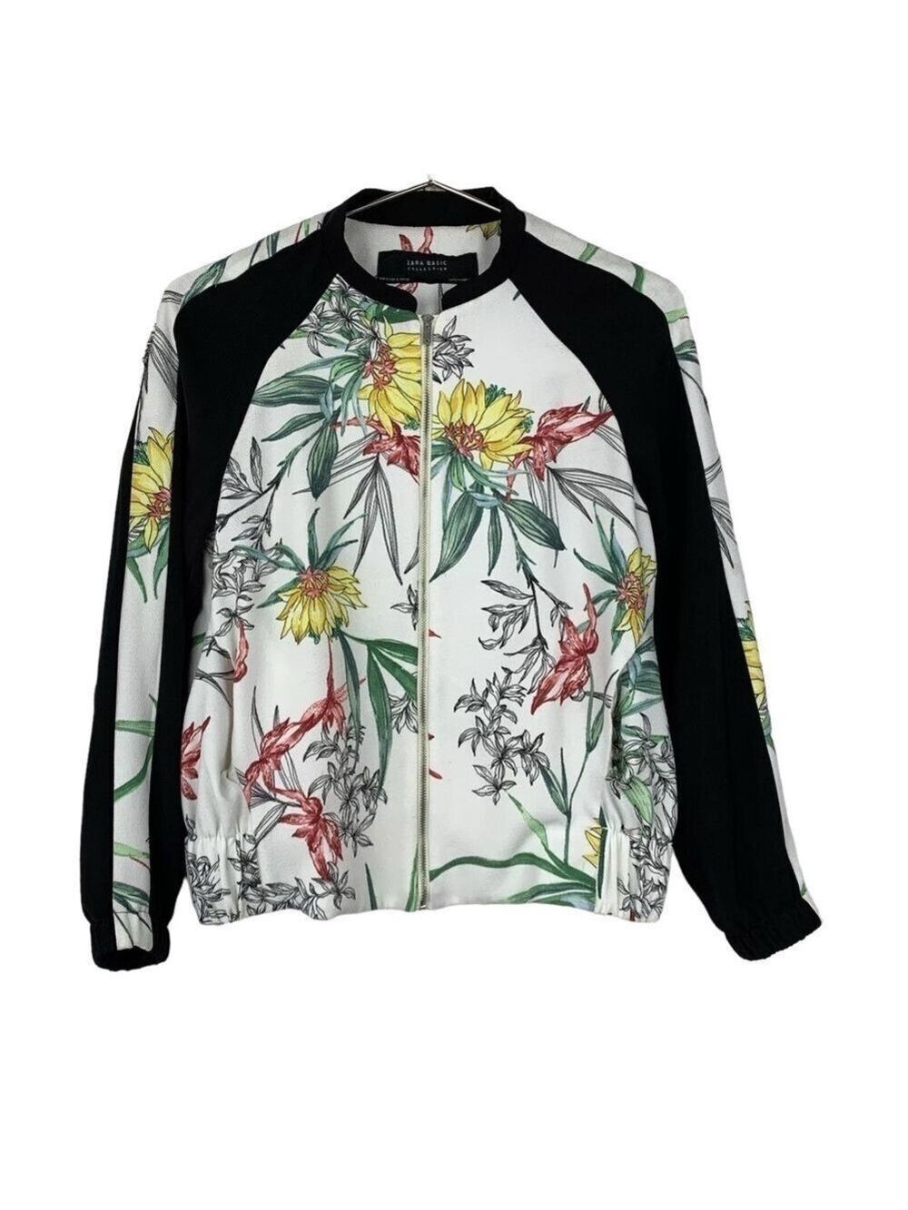 Zara Floral Tropical Print Lightweight Textured Fabric Zip Up Bomber Jacket